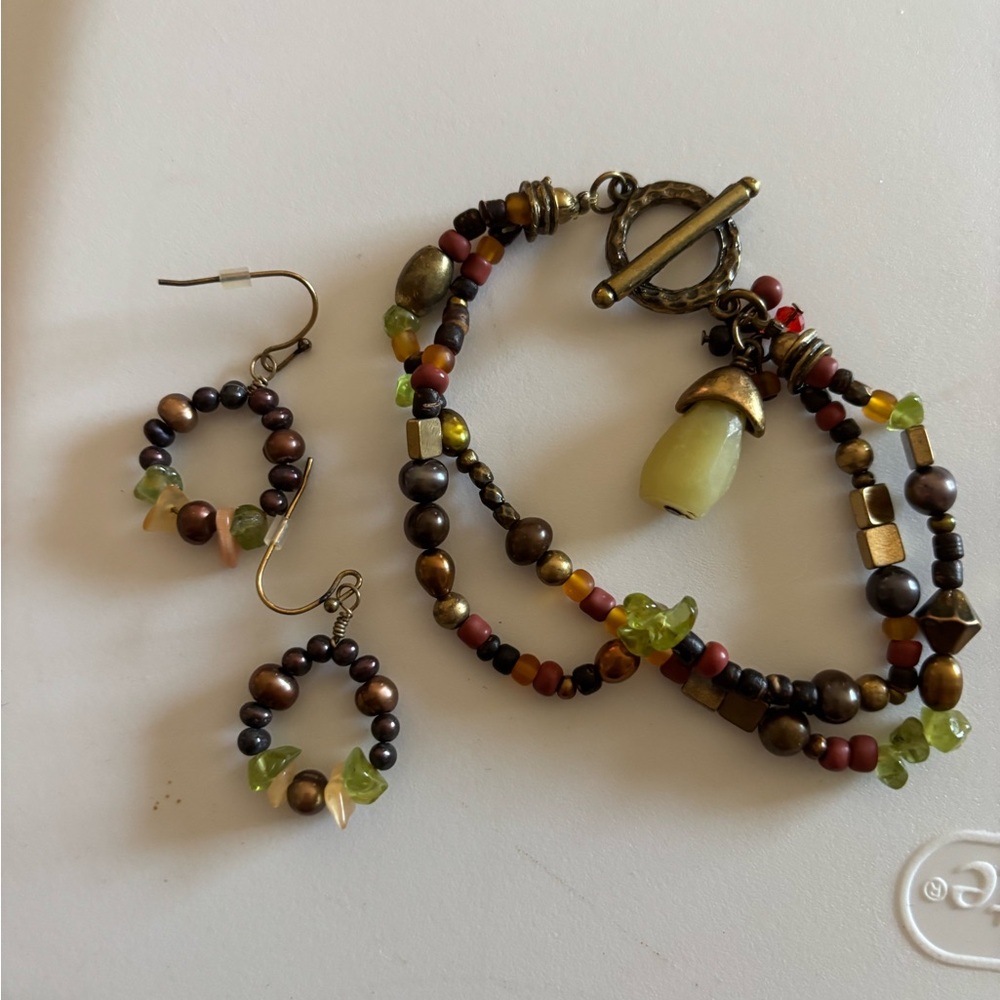 Beaded Jewelry Set with Green and Brown Accents